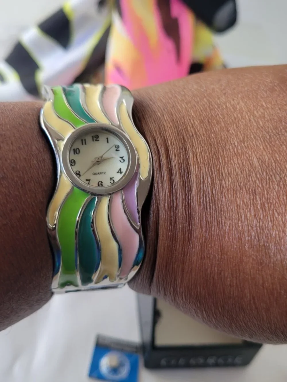 Colorful Wavy Enamel Cuff Watch – Statement Bracelet Style